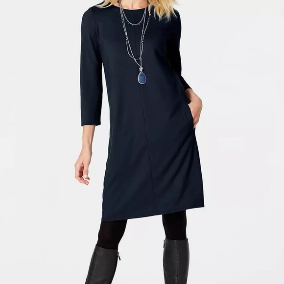 J Jill Ponte Knit Crewneck Dress 3/4 Sleeve Pockets Black Size Large - Picture 1 of 7